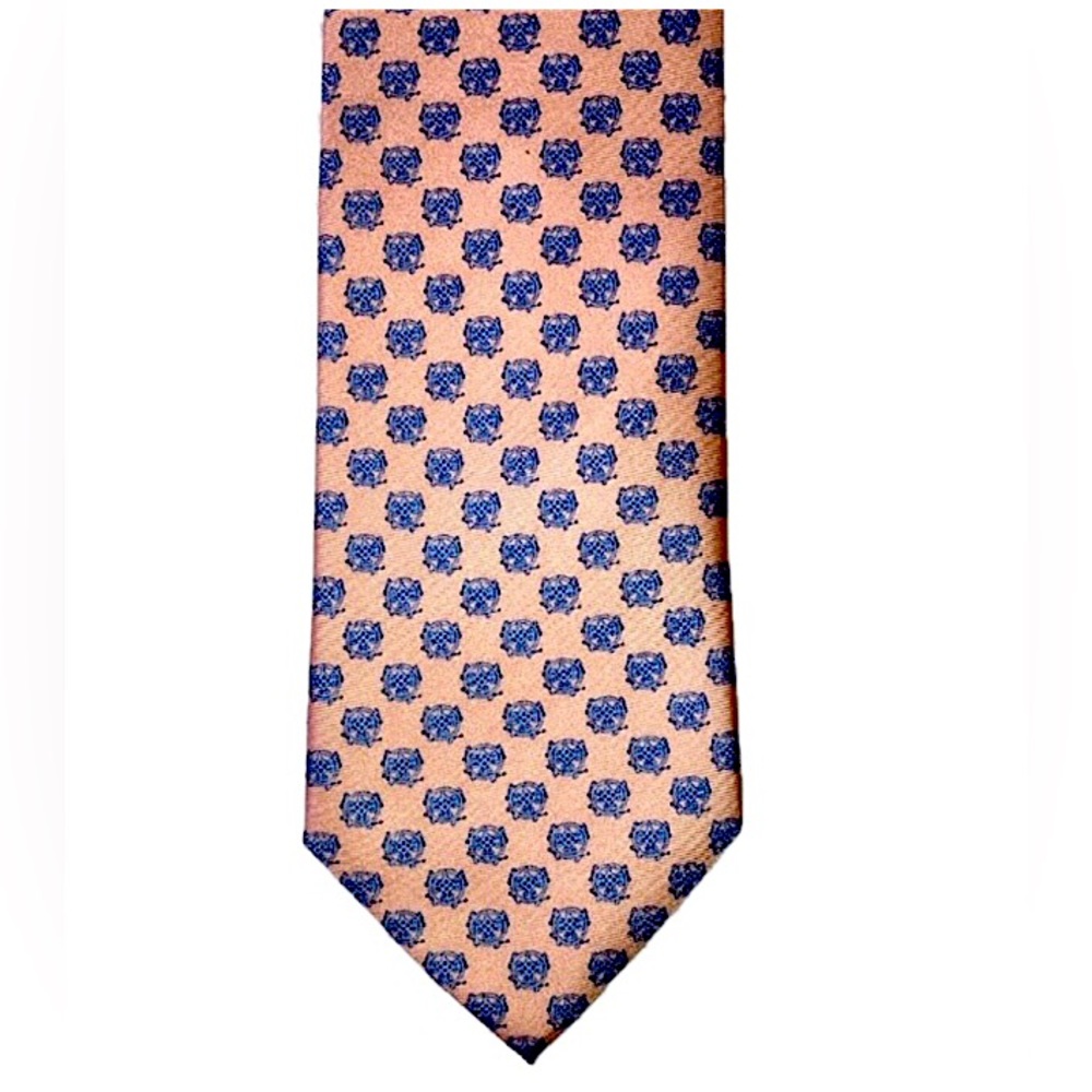 Luis Alberto Cano luxury silk tie, classic foulard medallions, pink & blue 59”